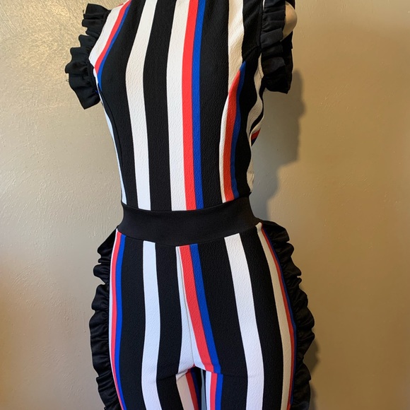 Fashion Nova Kayla size S blue black combo striped jumpsuit ruffled trim - Picture 6 of 7